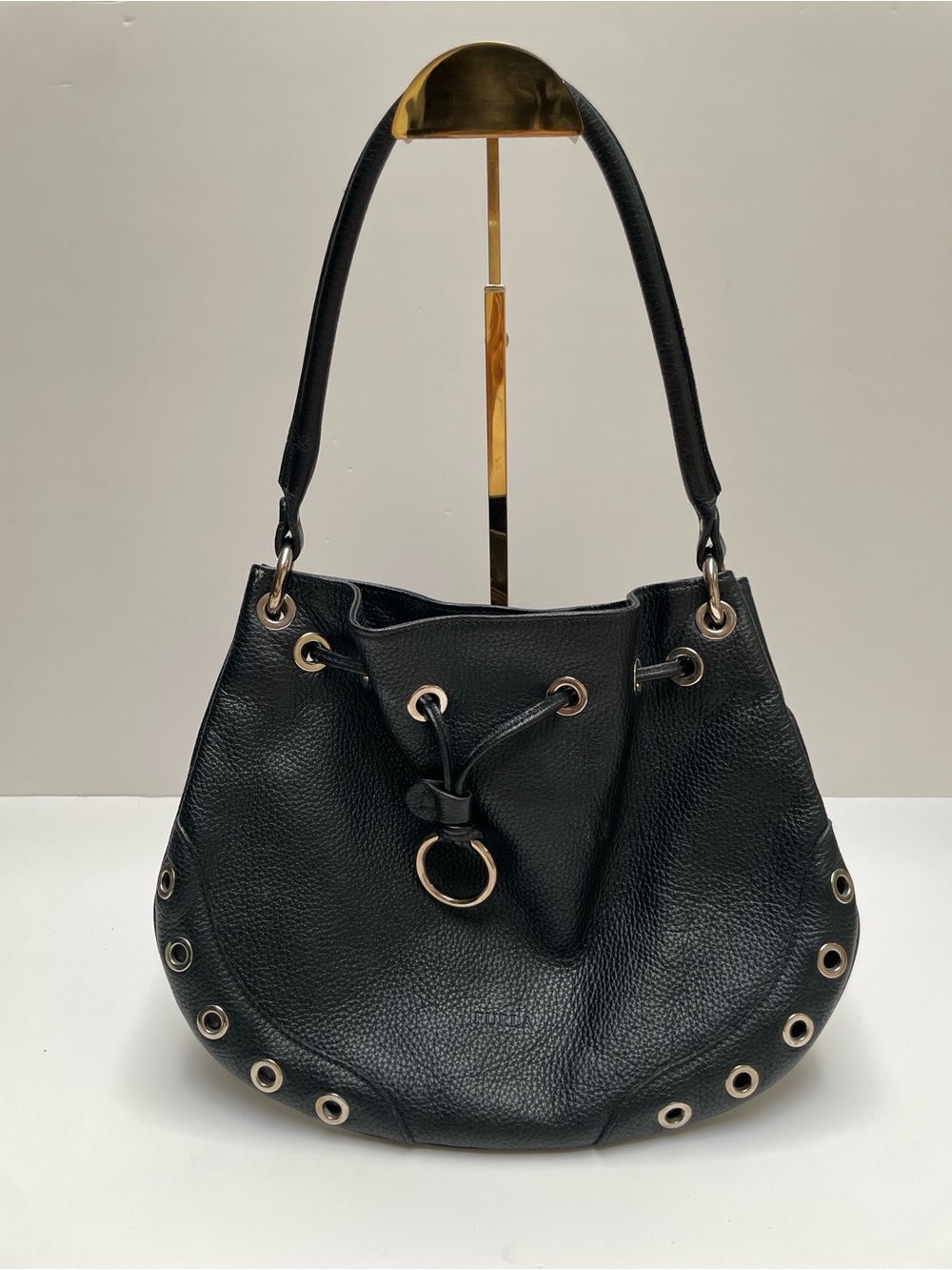 Furla Black Leather Drawstring Shoulder Bag with Eyelet Detail